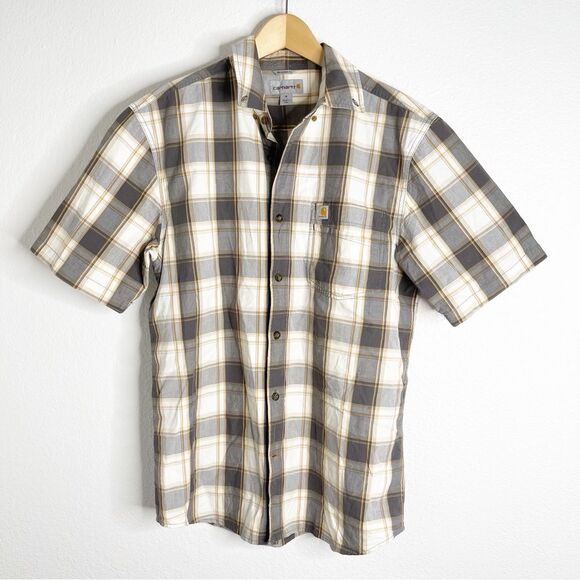 Carhartt Shirt Button Down Plaid Brown Neutral Short Sleeve Size Medium - Picture 1 of 4
